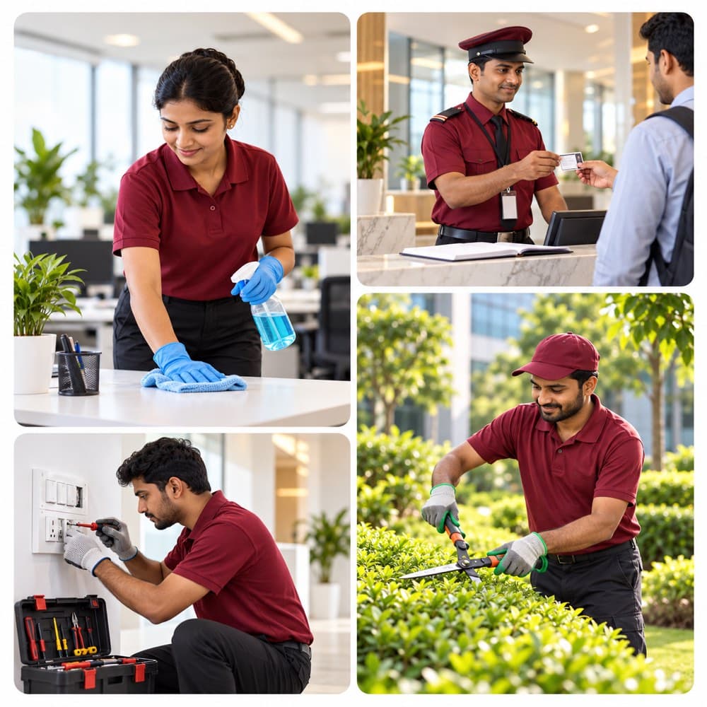 Smart Services staff providing housekeeping, security, building maintenance and gardening services in Hyderabad